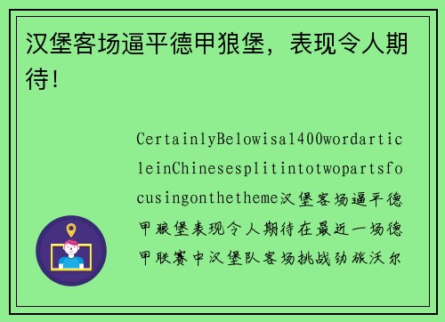 汉堡客场逼平德甲狼堡，表现令人期待！