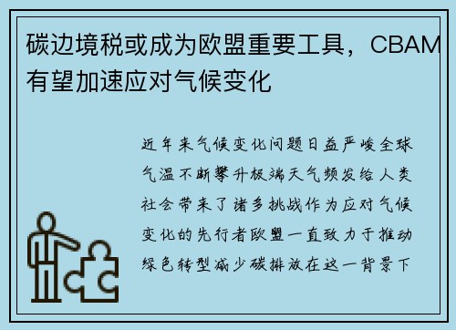 碳边境税或成为欧盟重要工具，CBAM有望加速应对气候变化
